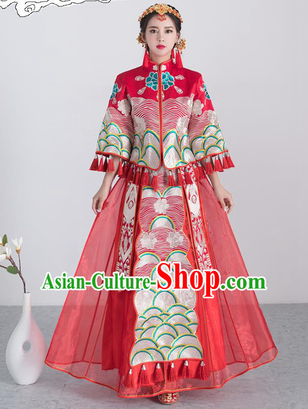Traditional Ancient Chinese Wedding Costume Handmade XiuHe Suits Embroidery Dress Bride Toast Red Cheongsam, Chinese Style Hanfu Wedding Clothing for Women