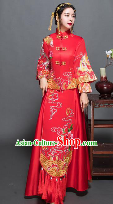 Traditional Ancient Chinese Wedding Costume Handmade XiuHe Suits Embroidery Peony Dress Bride Toast Red Plated Buttons Cheongsam, Chinese Style Hanfu Wedding Clothing for Women