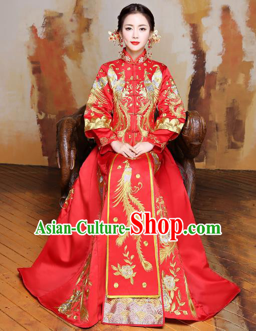 Traditional Ancient Chinese Wedding Costume Handmade XiuHe Suits Embroidery Phoenix Dress Longfeng Gown Bride Toast Red Plated Buttons Cheongsam, Chinese Style Hanfu Wedding Clothing for Women