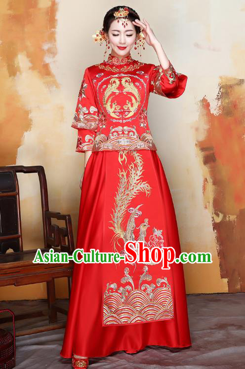Traditional Ancient Chinese Wedding Costume Handmade XiuHe Suits Embroidery Xi Clothing Bride Toast Plated Buttons Cheongsam, Chinese Style Hanfu Wedding Clothing for Women