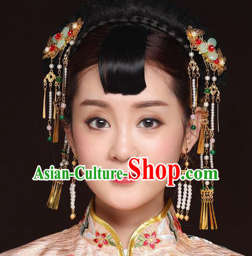 Traditional Handmade Chinese Ancient Classical Hair Accessories Bride Wedding Barrettes Tassel Phoenix Coronet, Xiuhe Suit Hair Jewellery Hair Fascinators Hairpins for Women