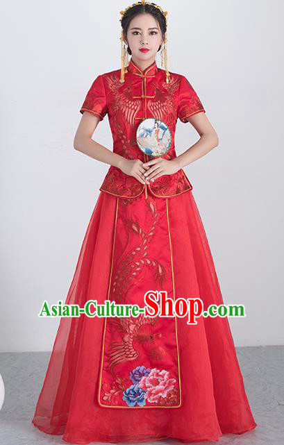 Traditional Ancient Chinese Wedding Costume Handmade XiuHe Suits Embroidery Phoenix Red Short Sleeve Dress Bride Toast Cheongsam, Chinese Style Hanfu Wedding Clothing for Women