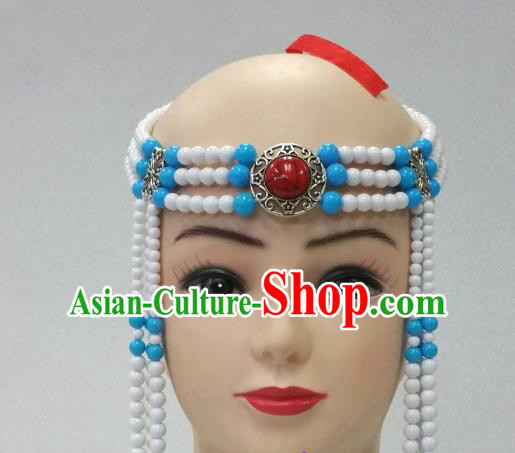 Traditional Handmade Chinese Mongol Nationality Handmade White Beads Tassel Hair Accessories, China Mongols Mongolian Minority Nationality Wedding Headwear for Women