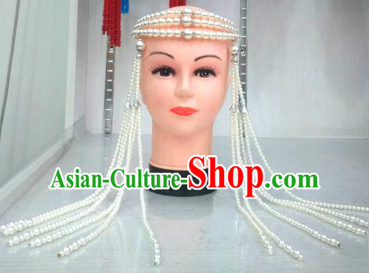 Traditional Handmade Chinese Mongol Nationality Handmade White Beads Tassel Hair Accessories, China Mongols Mongolian Minority Nationality Wedding Headwear for Women