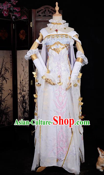 Chinese Ancient Cosplay Han Dynasty Royal Princess Costumes, Chinese Traditional White Dress Clothing Chinese Cosplay Swordsman Costume for Women