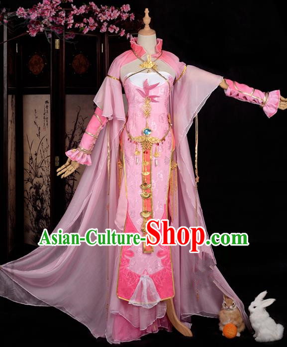 Chinese Ancient Cosplay Han Dynasty Imperial Concubine Costumes, Chinese Traditional Pink Dress Clothing Chinese Cosplay Swordsman Costume for Women