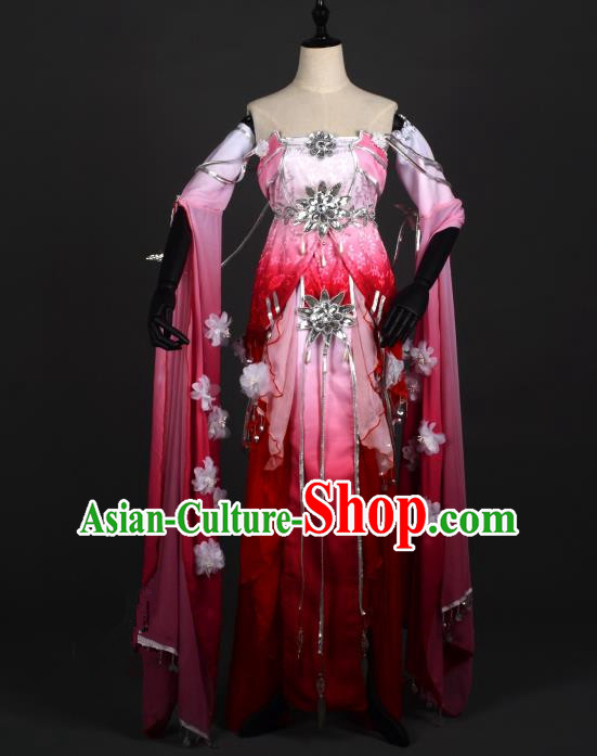 Chinese Ancient Cosplay Han Dynasty Young Lady Water Sleeve Costumes, Chinese Traditional Wine Red Dress Clothing Chinese Cosplay Swordsman Costume for Women