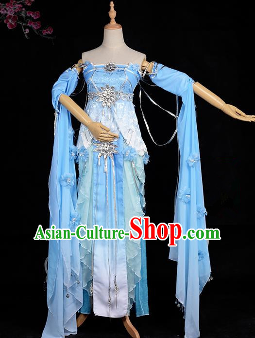 Chinese Ancient Cosplay Han Dynasty Young Lady Water Sleeve Costumes, Chinese Traditional Blue Dress Clothing Chinese Cosplay Swordsman Costume for Women