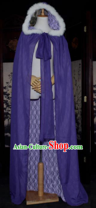 Chinese Ancient Cosplay Tang Dynasty Chivalrous Lady Fairy Cloak, Chinese Traditional Purple Hanfu Cape Clothing Chinese Cosplay Swordswoman Costume for Women