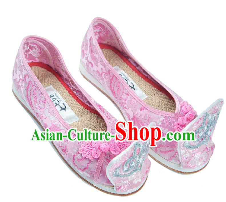 Traditional Chinese Ancient Cloth Shoes, China Princess Satin Shoes Handmade Pink Become Warped Head Shoe for Women