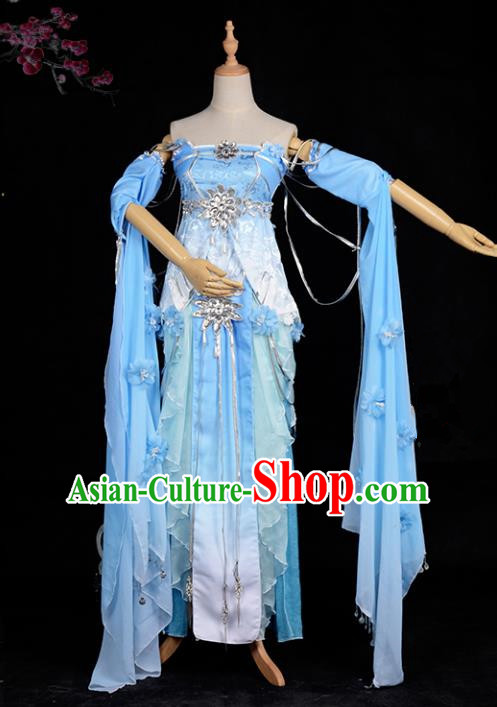Chinese Ancient Cosplay Tang Dynasty Chivalrous Lady Embroidery Blue Dress, Chinese Traditional Hanfu Clothing Chinese Fairy Costume for Women
