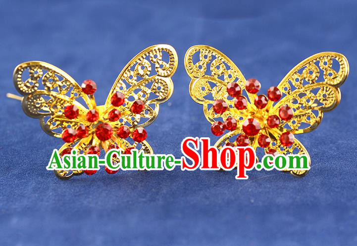 Traditional Handmade Chinese Ancient Classical Hair Accessories Xiuhe Suit Red Crystal Butterfly Hairpin Hair Comb, Hair Sticks Hair Jewellery Hair Fascinators for Women