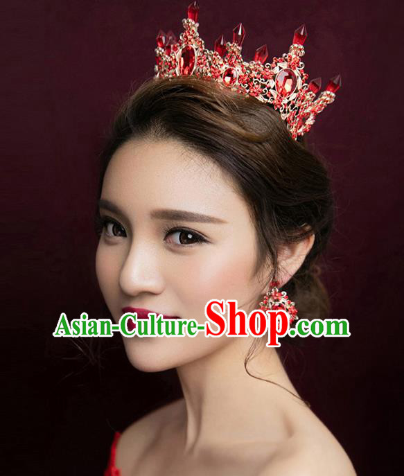 Top Grade Handmade Chinese Classical Hair Accessories Baroque Style Red Crystal Queen Royal Crown and Earrings, Hair Sticks Hair Jewellery Hair Clasp for Women