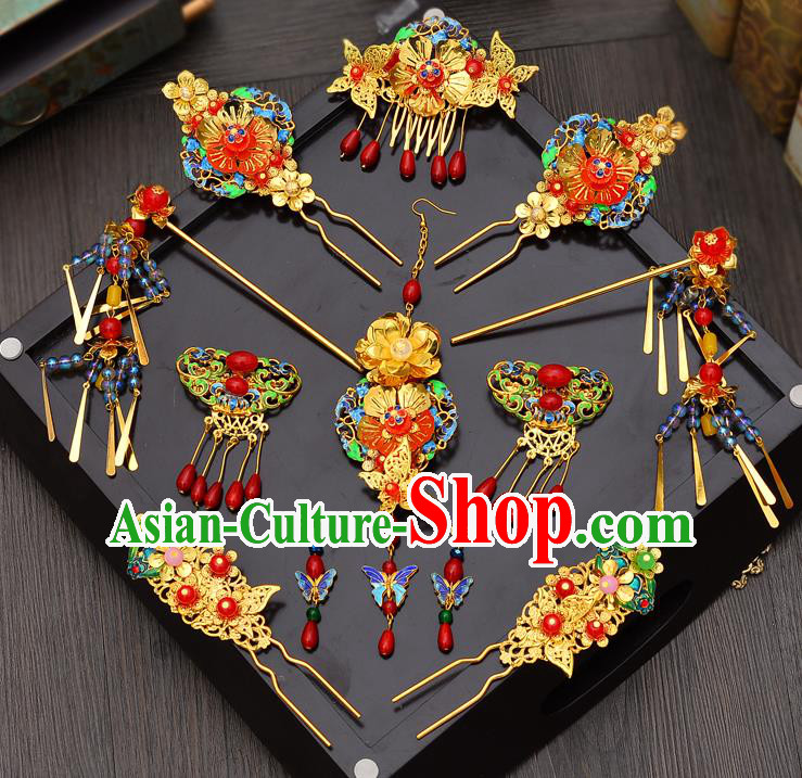 Traditional Handmade Chinese Ancient Classical Hair Accessories Xiuhe Suit Hairpin Cloisonn Phoenix Coronet Complete Set, Hair Sticks Hair Jewellery Hair Fascinators for Women