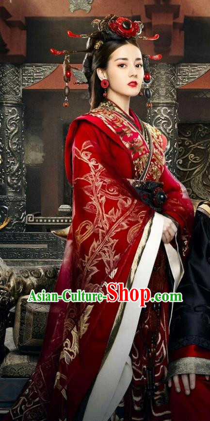 Traditional Ancient Chinese Qin Dynasty Imperial Concubine Embroidery Wedding Costume and Headpiece Complete Set, Chinese The King Woman Palace Lady Hanfu Clothing for Women