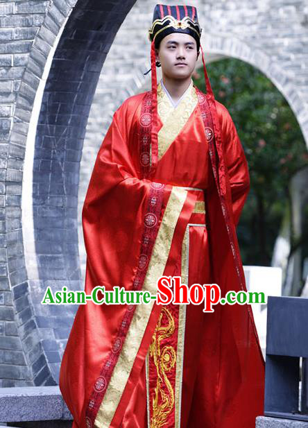 Traditional Chinese Han Dynasty Nobility Childe Hanfu Costume Wedding Red Long Robe, China Ancient Bridegroom Clothing Complete Set for Men