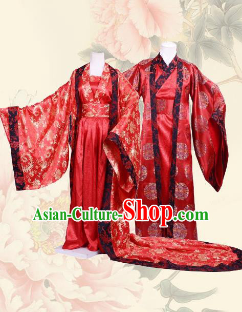 Traditional Chinese Han Dynasty Empress and Emperor Hanfu Costume Wedding Red Long Robe, China Ancient Bride Bridegroom Clothing Complete Set for Women for Men