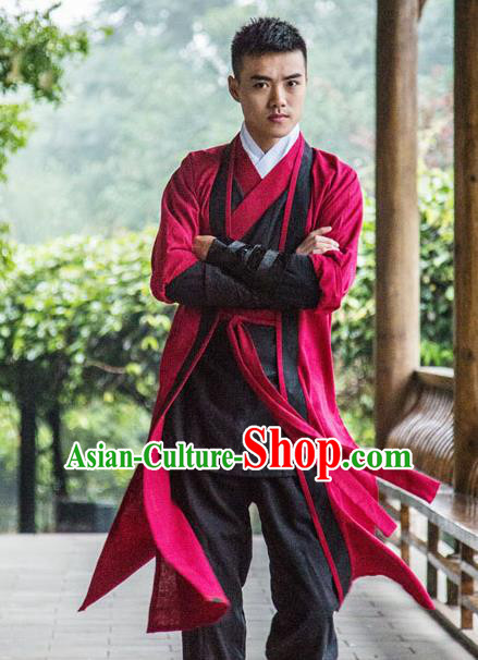 Traditional Chinese National Martial Arts Red Costume, China Ancient Ming Dynasty Jiang hu Swordsman Clothing for Men