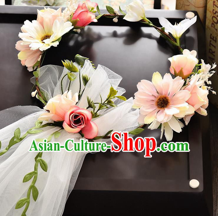 Top Grade Handmade Chinese Classical Hair Accessories Baroque Style Wedding Pink Flowers Headband and Veil, Bride Hair Sticks Hair Clasp for Women