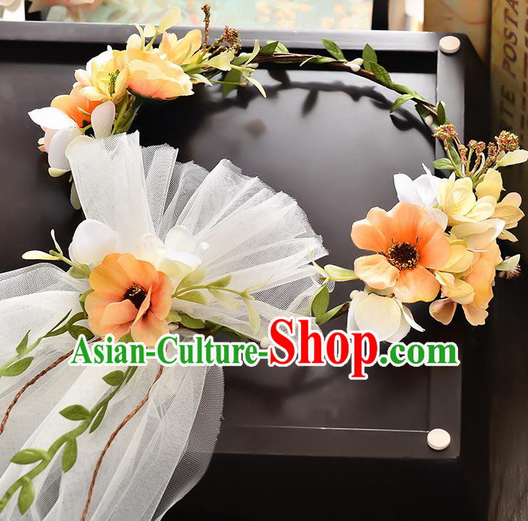Top Grade Handmade Chinese Classical Hair Accessories Baroque Style Wedding Orange Flowers Headband and Veil, Bride Hair Sticks Hair Clasp for Women
