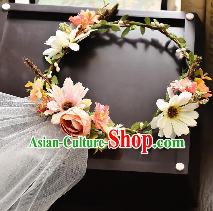 Top Grade Handmade Chinese Classical Hair Accessories Baroque Style Wedding White Flowers Headband and Veil, Bride Hair Sticks Hair Clasp for Women