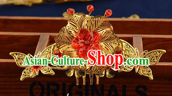 Traditional Handmade Chinese Ancient Classical Hair Accessories Xiuhe Suit Red Flower Hair Comb, Hair Sticks Hair Jewellery Hair Fascinators for Women