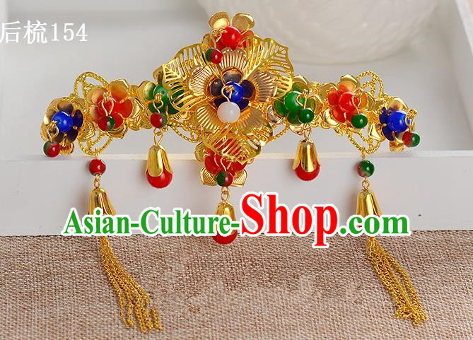 Traditional Handmade Chinese Ancient Classical Hair Accessories Xiuhe Suit Golden Flowers Beads Tassel Hair Comb, Hair Sticks Hair Jewellery Hair Fascinators for Women