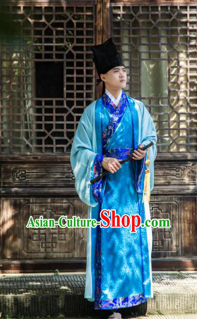 Traditional Chinese Han Dynasty Prince Hanfu Costume Blue Long Robe, China Ancient Scholar Embroidery Clothing for Men