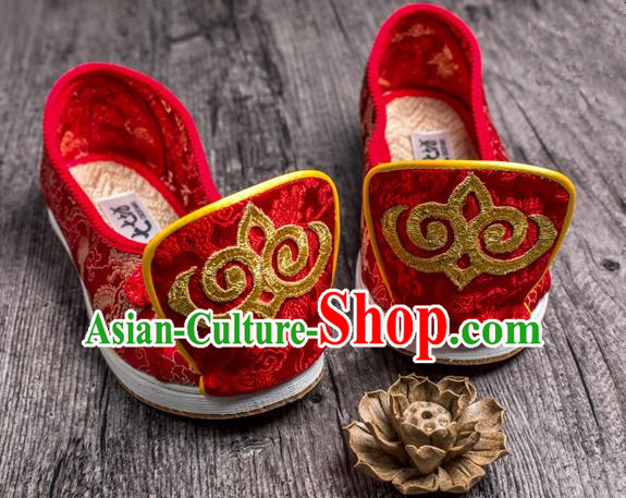 Traditional Chinese Ancient Wedding Cloth Shoes, China Princess Red Satin Shoes Hanfu Handmade Embroidery Become Warped Head Shoe for Women