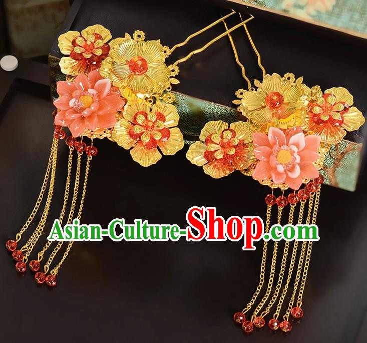 Traditional Handmade Chinese Ancient Classical Hair Accessories Barrettes Hanfu Hairpin Pink Flower Tassel Step Shake, Bride Hair Fascinators Hairpins for Women