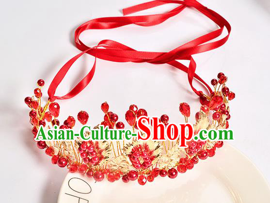 Top Grade Handmade Chinese Classical Hair Accessories Baroque Style Wedding Red Beads Crown Headband Bride Hair Clasp for Women