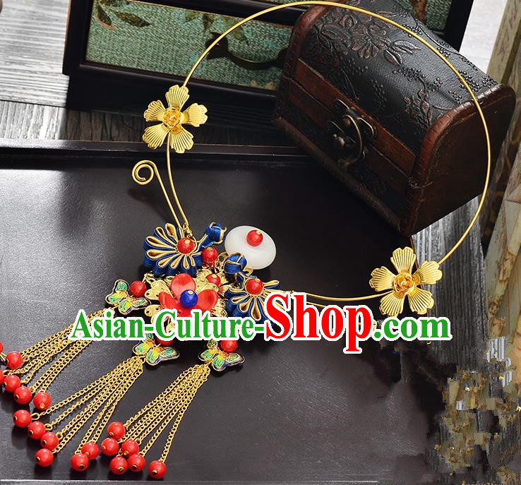 Top Grade Handmade Chinese Classical Jewelry Accessories Xiuhe Suit Wedding Necklace Bride Blueing Butterfly Flowers Tassel Necklet for Women