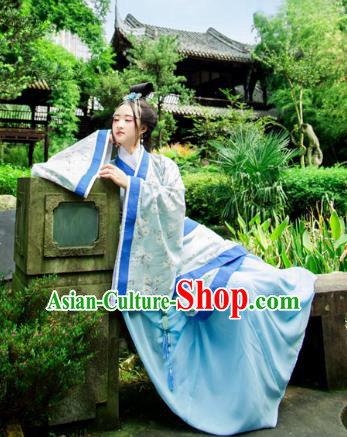 Traditional Chinese Han Dynasty Imperial Consort Hanfu Costume Blue Curve Bottom, China Ancient Dress Palace Princess Peri Printing Clothing for Women