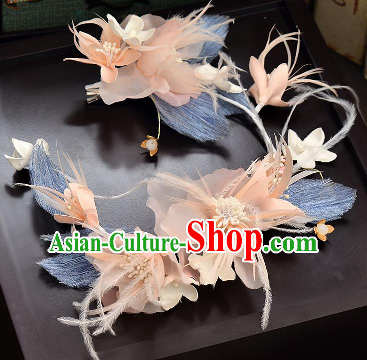 Top Grade Handmade Chinese Classical Hair Accessories Baroque Style Wedding Blue Feather Hair Clasp Headband Bride Headwear for Women