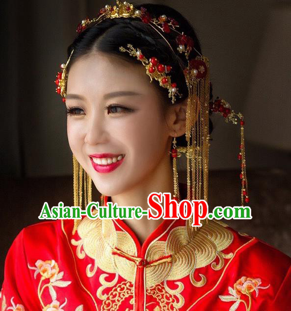 Traditional Handmade Chinese Ancient Wedding Hair Accessories Xiuhe Suit Red Tassel Step Shake Complete Set, Bride Hanfu Hair Sticks Hair Jewellery for Women