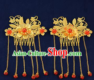Traditional Handmade Chinese Ancient Wedding Hair Accessories Xiuhe Suit Tassel Hairpins Golden Hair Stick, Bride Step Shake Hanfu Hair Fascinators for Women
