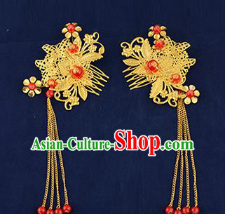 Traditional Handmade Chinese Ancient Wedding Hair Accessories Xiuhe Suit Tassel Hairpins Golden Hair Comb, Bride Step Shake Hanfu Hair Fascinators for Women