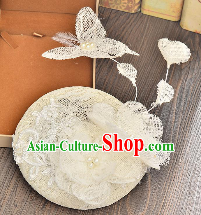 Top Grade Handmade Chinese Classical Hair Accessories Princess Wedding Lace Butterfly Flower Hat Top Hat Bride Headwear for Women