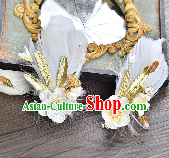 Top Grade Handmade Chinese Classical Hair Accessories Princess Wedding White Feather Flower Hair Claw Hair Stick Bride Headwear for Women