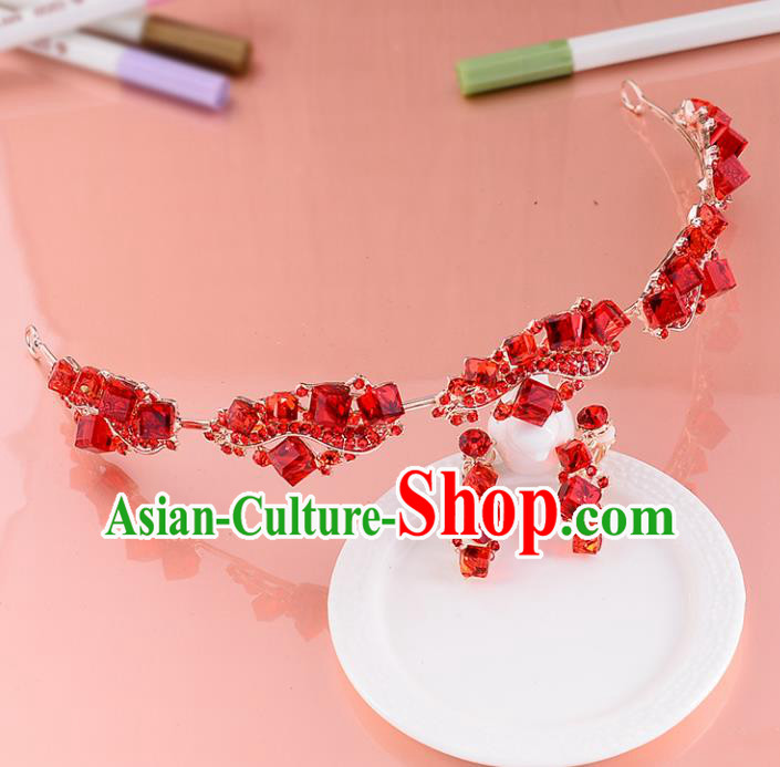 Top Grade Handmade Chinese Classical Hair Accessories Princess Wedding Red Crystal Hair Clasp and Earrings Hair Stick Bride Headwear for Women