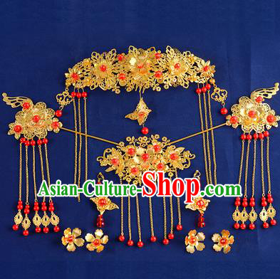 Traditional Handmade Chinese Ancient Wedding Hair Accessories Xiuhe Suit Tassel Phoenix Coronet Hairpins Complete Set, Bride Step Shake Hanfu Hair Fascinators for Women