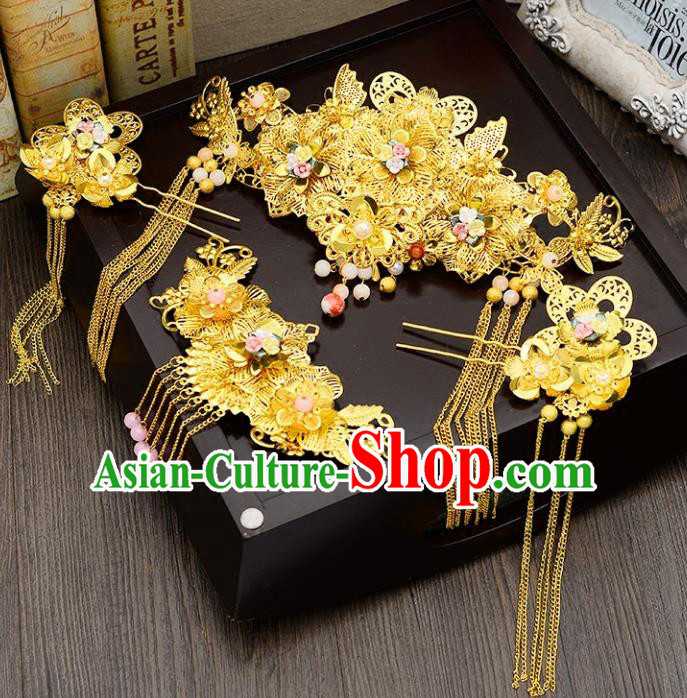 Traditional Handmade Chinese Ancient Wedding Hair Accessories Xiuhe Suit Golden Flowers Forehead Ornament Complete Set, Bride Tassel Step Shake Hanfu Hair Fascinators for Women