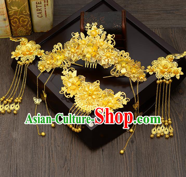 Traditional Handmade Chinese Ancient Wedding Hair Accessories Xiuhe Suit Golden Phoenix Coronet Hair Comb Complete Set, Bride Step Shake Hanfu Hair Fascinators for Women