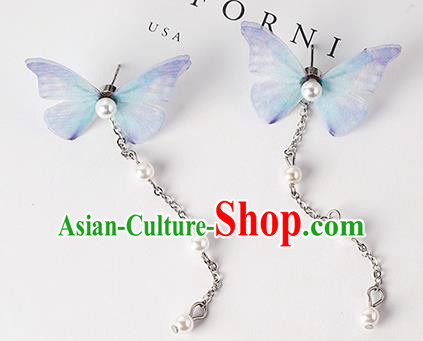 Top Grade Handmade Chinese Classical Jewelry Accessories Xiuhe Suit Wedding Blue Butterfly Tassel Earrings Bride Hanfu Eardrop for Women