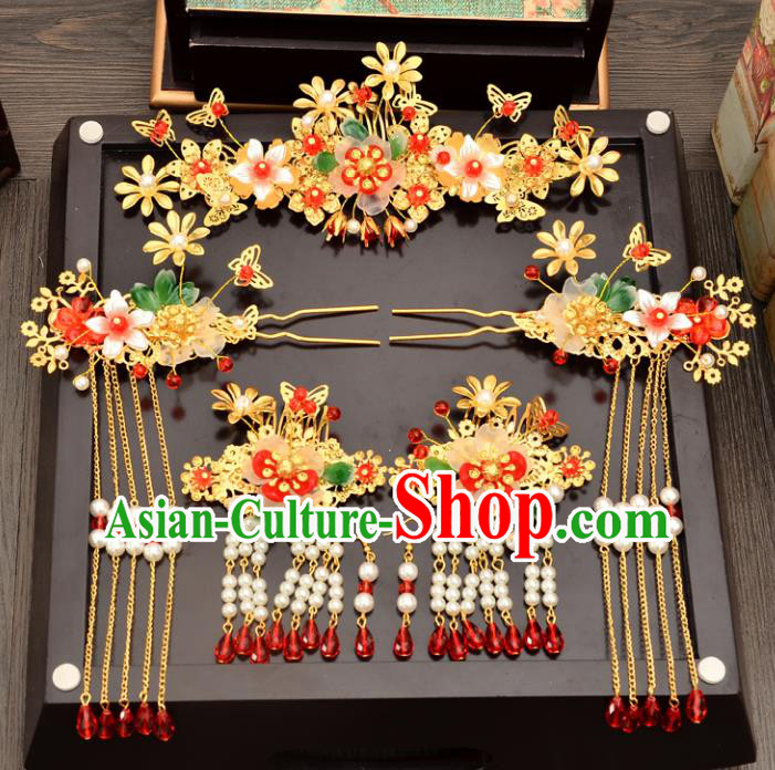 Traditional Handmade Chinese Ancient Wedding Hair Accessories Xiuhe Suit Phoenix Coronet Complete Set, Bride Beads Tassel Step Shake Hanfu Hair Fascinators for Women