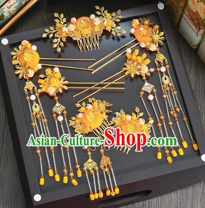 Traditional Handmade Chinese Ancient Wedding Hair Accessories Xiuhe Suit Phoenix Coronet Complete Set, Bride Palace Lady Step Shake Hanfu Yellow Jade Hairpins for Women