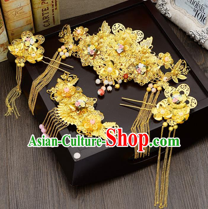 Traditional Handmade Chinese Ancient Wedding Hair Accessories Complete Set Xiuhe Suit Golden Phoenix Coronet, Bride Palace Lady Step Shake Hanfu Hairpins for Women