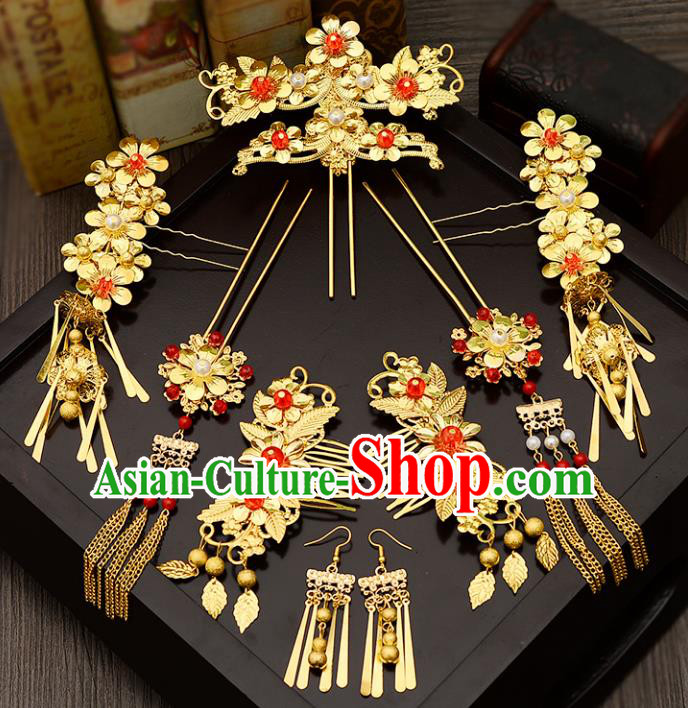 Traditional Handmade Chinese Ancient Wedding Hair Accessories Complete Set Xiuhe Suit Tassel Phoenix Coronet, Bride Palace Lady Step Shake Hanfu Hairpins for Women