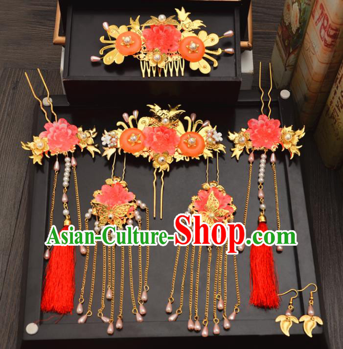 Traditional Handmade Chinese Ancient Wedding Hair Accessories Complete Set Xiuhe Suit Pearls Tassel Phoenix Coronet, Bride Palace Lady Step Shake Hanfu Hairpins for Women