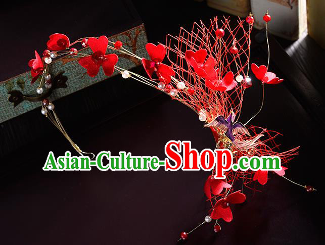 Top Grade Handmade Chinese Classical Hair Accessories Princess Wedding Baroque Red Silk Flowers Veil Hair Clasp Bride Headband Headwear for Women